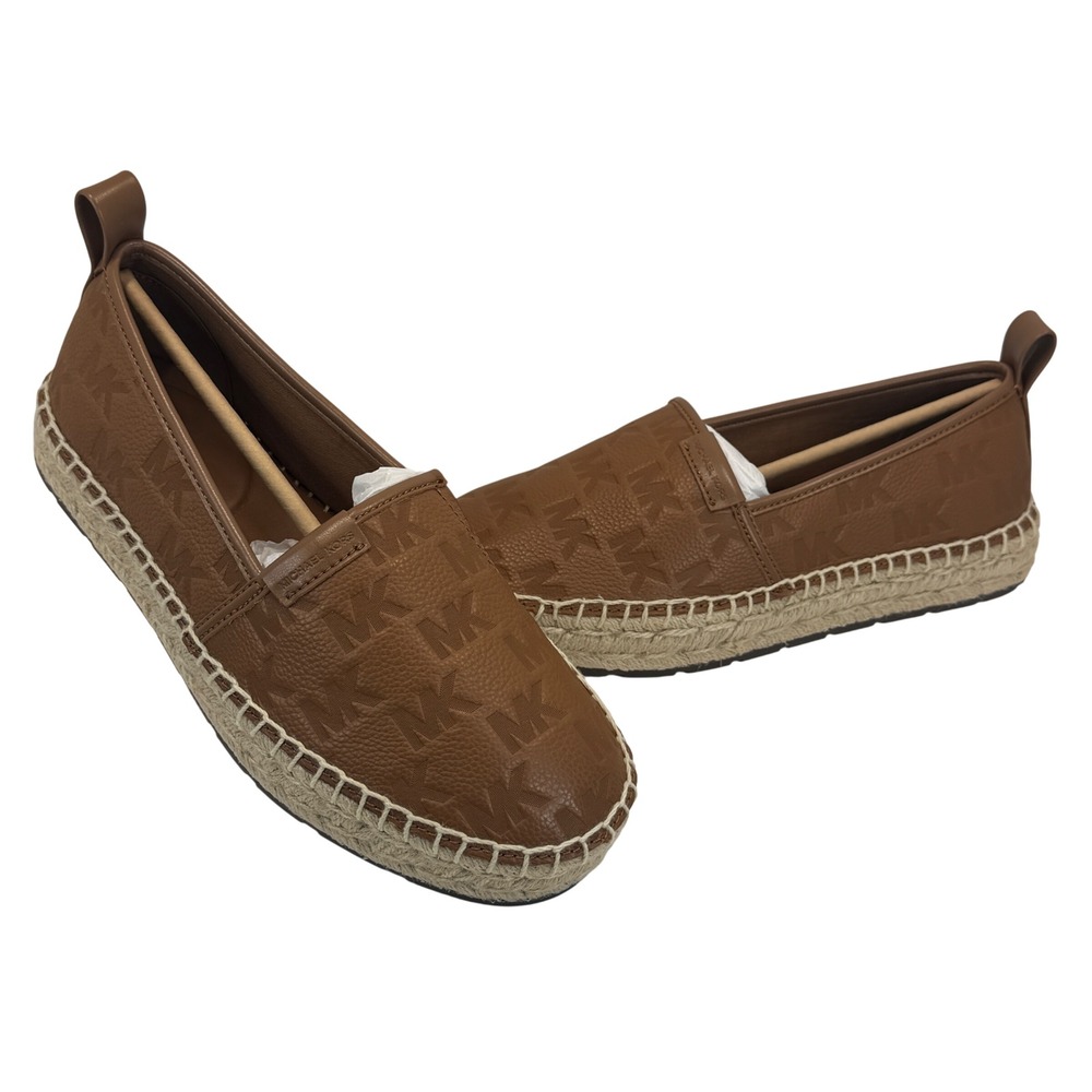 Michael‎ Kors Elias Espadrille Leather Embossed MK Logo Luggage Brown Flats Sz 7